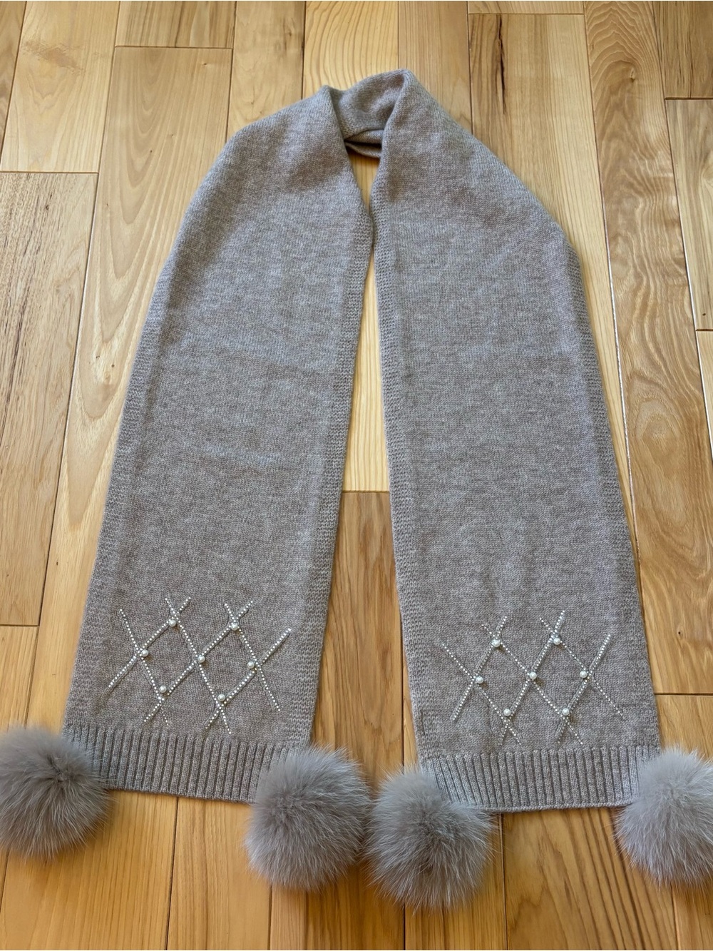 Mitchie’s Wool Fox Fur Poms Rhinestone Pearl Accent Scarf